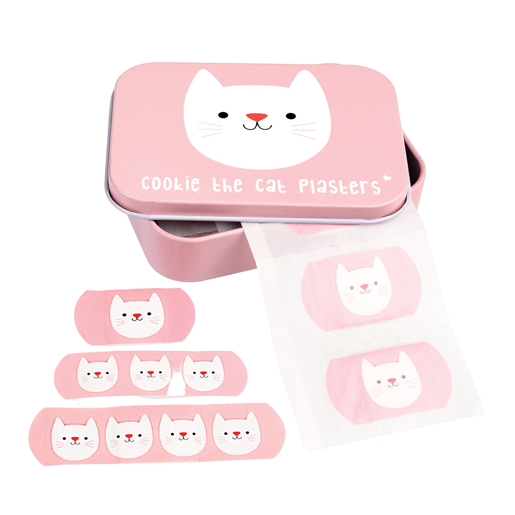 Geopend roze Cookie The Cat-blikje met roze pleisters met witte katten in drie formaten.