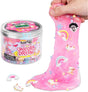 Crazy Aarons Unicorn Dream: roze slijm met eenhoorns en regenbogen, uitgerekt naast de pot.