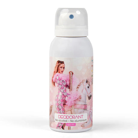 Deodorant Camille Circus in witte sprayflacon met transparante dop en roze etiket met Camille naast een wit paard.