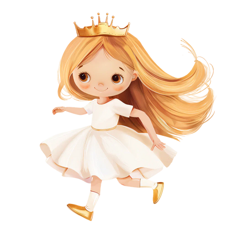 Getekende prinses met lang blond haar, gouden kroon en witte jurk, zoals op de verpakking van Deodorant Princess.