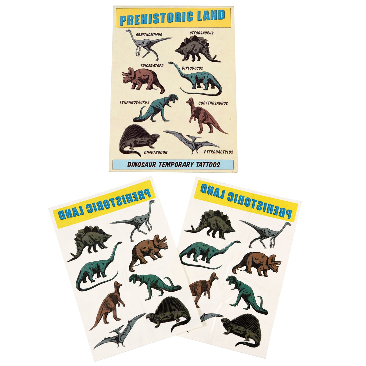 Dino-plaktattoos met de verpakking bovenaan en twee vellen met kleurrijke prehistorische dieren eronder