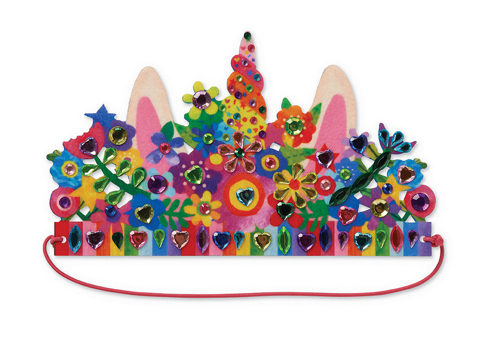 Vilten eenhoornkroon met kleurrijke bloemen, glanzende steentjes en een roze elastische band