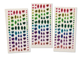 Drie vellen zelfklevende decoratieve steentjes in verschillende kleuren en vormen voor de juwelenkronen