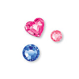 Drie decoratieve steentjes: een roze hart, een klein roze rondje en een grotere blauwe ronde steen