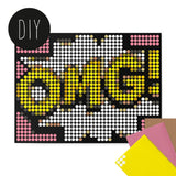 Dot On omg stickerposter met gele letters en losse stickervellen in geel, roze en bruin