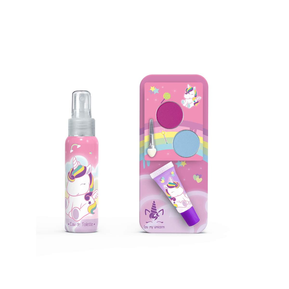 Eau My Unicorn eau de toilette naast roze make-upset met lipgloss, roze en blauwe oogschaduw en applicator