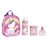 Eau My Unicorn geschenkset met roze eenhoornrugzak, douchegel, eau de toilette en doosje met regenboogmotief.