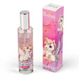 Unicorn eau de toilette van 30 ml in een glazen flesje met zilverkleurige dop, naast een roze doos met eenhoorns.