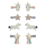 Acht minihaarclips met eenhoorns en glittersterren op roze, grijs en blauw lint, gerangschikt in vier paren.