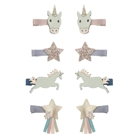Acht minihaarclips met eenhoorns en glittersterren op roze, grijs en blauw lint, gerangschikt in vier paren.