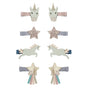 Acht minihaarclips met eenhoorns en glittersterren op roze, grijs en blauw lint, gerangschikt in vier paren.