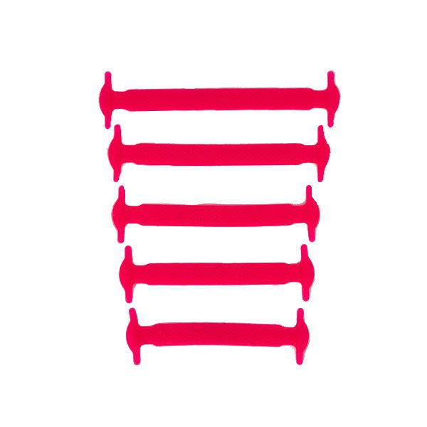 Vijf roze elastische veters zonder strikken in verschillende lengtes op een witte achtergrond.