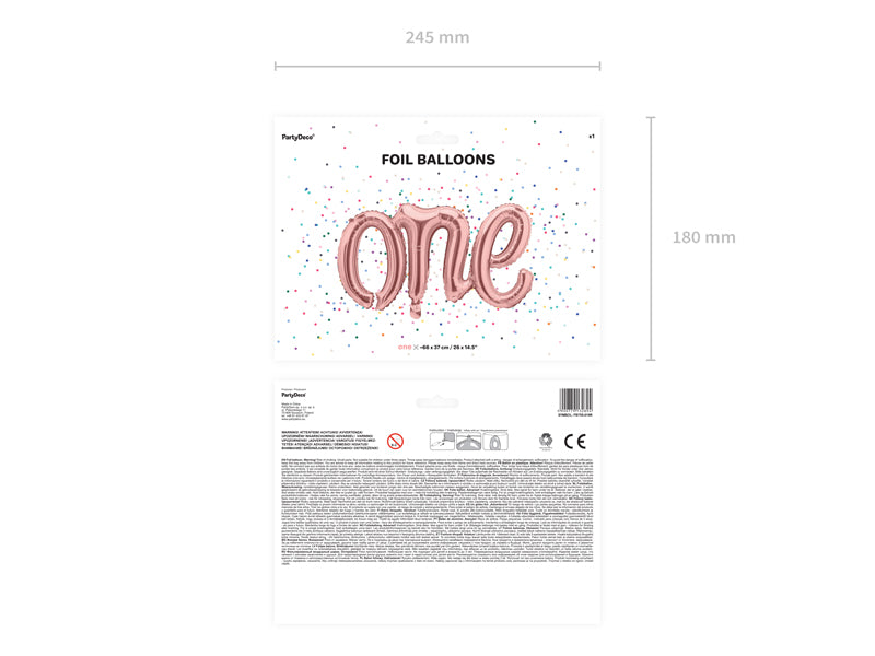 Verpakking van de roségouden folieballon 'one', met productafbeelding en gebruiksinformatie.