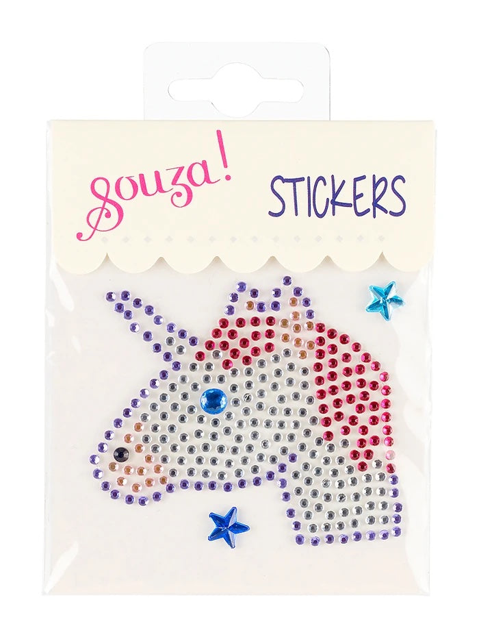 Eenhoornsticker van glanzende steentjes in zilver, roze en paars, met een blauw oog en twee blauwe sterren in verpakking.