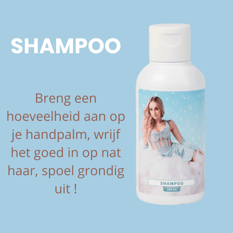 Camille shampoo 100 ml in een witte fles met lichtblauw etiket, naast gebruiksinstructies op een blauwe achtergrond.