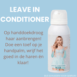 Camille leave-in conditioner 100 ml in een witte spuitbus met portret op het etiket, naast gebruiksinstructies.