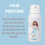 Camille haarparfum 100 ml in een witte spuitbus met Camille in een lichtblauwe outfit op het etiket.