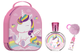 Eau My Unicorn geschenkset met roze eenhoornzipcase, eau de toilette en lipgloss met pompon op een witte achtergrond.
