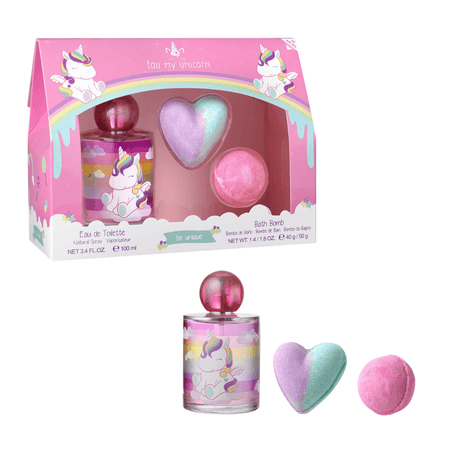 Eau My Unicorn cadeauset in roze doos met eau de toilette, een paars-mintgroene hartvormige bruisbal en een roze bruisbal.