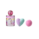 Eau My Unicorn eau de toilette met eenhoorn op de flacon, naast een paars-mintgroene hartvormige en een ronde roze bruisbal.