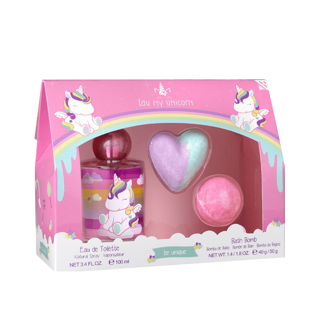 Roze Eau My Unicorn geschenkdoos met eenhoorns, eau de toilette 100 ml, een hartvormige bruisbal en een ronde roze bruisbal.