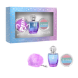Eau My Unicorn geschenkset met paars-blauwe parfumflacon, oogschaduw en paarse pomponsleutelhanger naast de doos