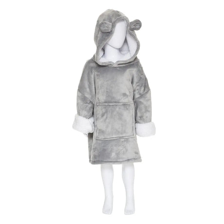 Grijze beer hoodie plaid op een paspop, met berenoortjes, grote kangoeroezak en witte manchetten.