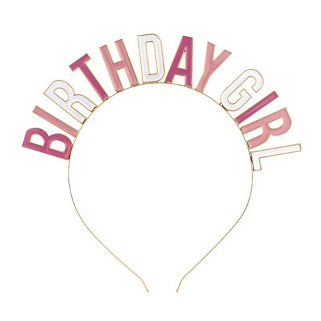 Goudkleurige haarband met de tekst ‘Birthday Girl’ in roze en witte letters.