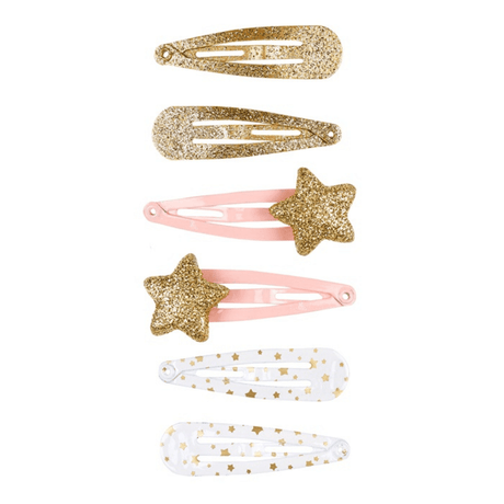 Zes Julie-haarclips: twee met goudkleurige glitters, twee roze met glittersterren en twee witte met goudkleurige sterretjes.