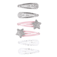 Zes haarclips Julie: twee met zilveren glitters, twee roze met zilveren glittersterren en twee witte met sterretjes.