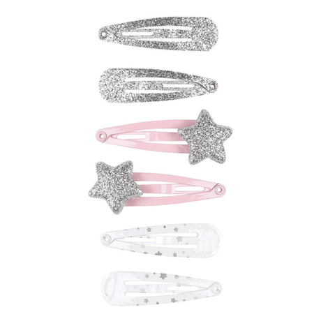 Zes haarclips Julie: twee met zilveren glitters, twee roze met zilveren glittersterren en twee witte met sterretjes.