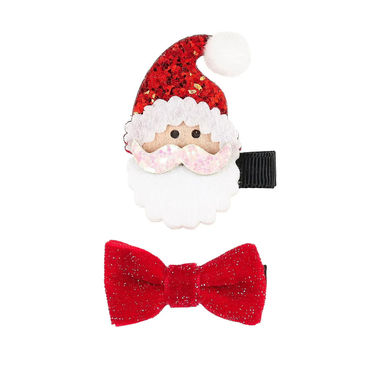 Twee haarclips in kerstthema: een kerstman met rode glittermuts en witte baard, en een rode glitterstrik.