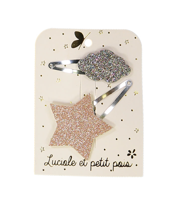 Twee haarspelden met een rosékleurige glitterster en een bronzen glitterwolk op een kaartje.