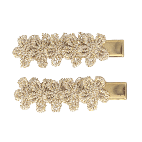 Twee Golden Flowers haarspeldjes met goudkleurige bloemen, onder elkaar op een effen achtergrond.
