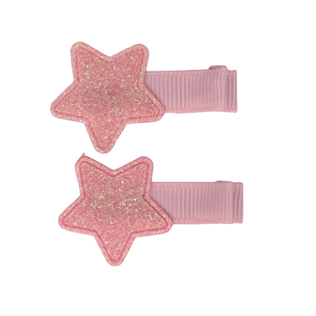 Twee roze haarspeldjes met glitterende roze sterren en geribbelde bekleding.