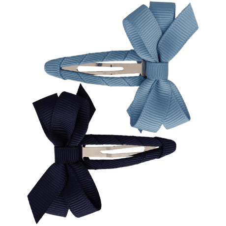 Twee haarspeldjes met geribde strik, één lichtblauw en één marineblauw.