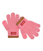 Roze Hello Hossy Handy Pink kinderhandschoenen met bruine boorden en rode merklabels op een witte achtergrond.