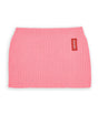 Roze gebreide Cocoon Pink nekwarmer van Hello Hossy met rood merklabel op een witte achtergrond.