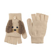 Beige gebreide puppyhandschoenen met bruine hondenoren, een geborduurd snuitje en een omklapbare kap.