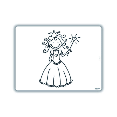Herkleurbare placemat Harten Prinses met zwarte lijntekening van een prinses met kroon, lange jurk en hartvormige toverstaf