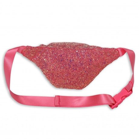 Roze glitterheuptasje met brede verstelbare roze riem en kliksluiting, gezien vanaf de achterkant.