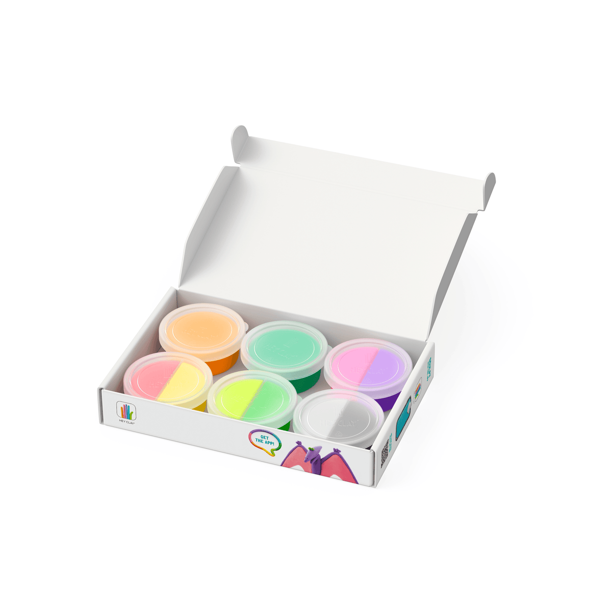 Hey Clay Pack 6 Dino in een open doos met zes potjes klei in verschillende kleuren.