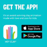 Hey Clay-app op een turquoise achtergrond met downloadverwijzingen naar de App Store en Google Play
