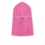 Roze Hoody Lila van Hello Hossy, vooraanzicht met gezichtsopening en rood merklabel op een witte achtergrond.