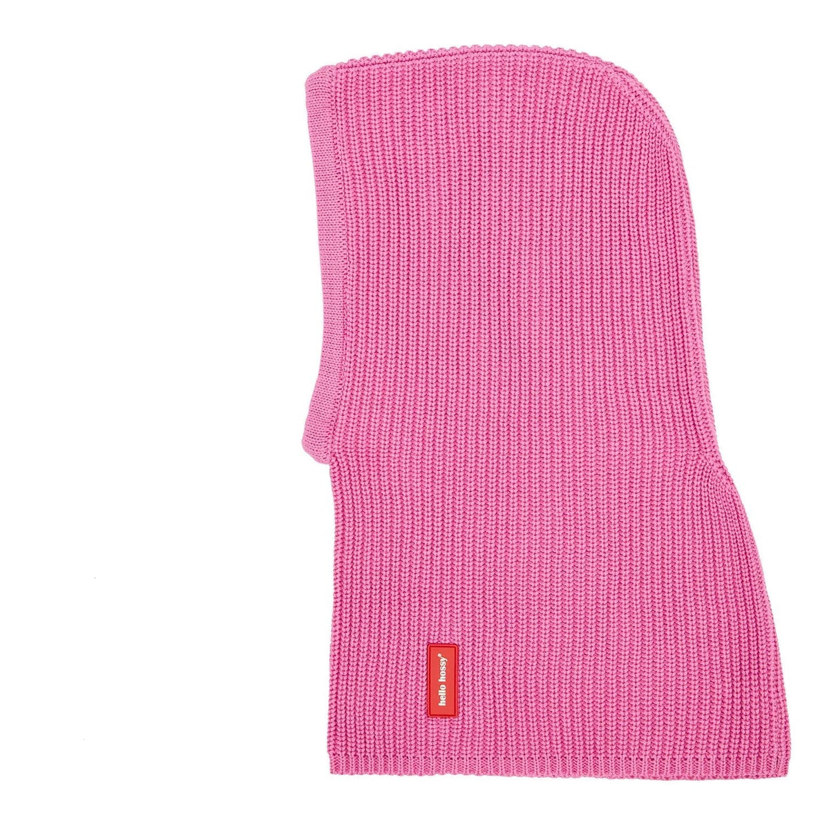 Roze Hoody Lila van Hello Hossy in zijaanzicht, met gebreide structuur en rood merklabel.