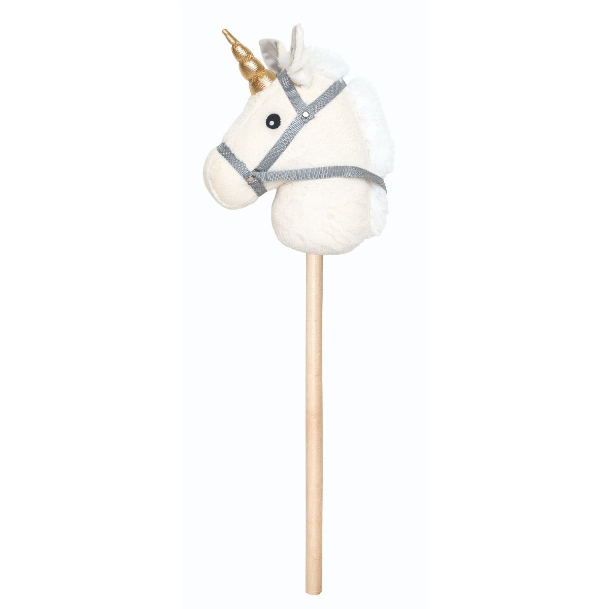 Hoppy Horse Unicorn stokpaard met witte eenhoornkop, goudkleurige hoorn, grijs halster en houten stok.