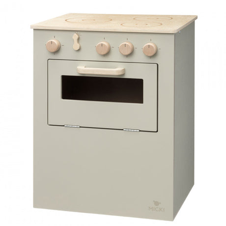 Beige houten speelkeuken met drie kookpitten, vier houten draaiknoppen en een oven met venster.