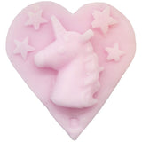 Roze hartvormige I Heart My Unicorn zeep met een eenhoornhoofd en vier sterren.