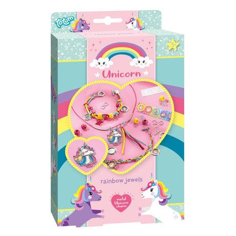 Verpakking van de Unicorn juwelenset met regenbogen, eenhoorns en voorbeelden van kleurrijke sieraden.