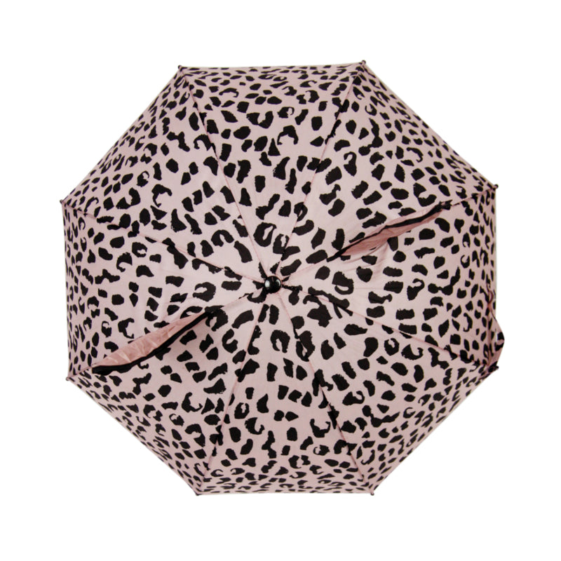 Geopende roze kinderparaplu Pink Leopard met zwarte luipaardprint en konijnenoren, van bovenaf gezien